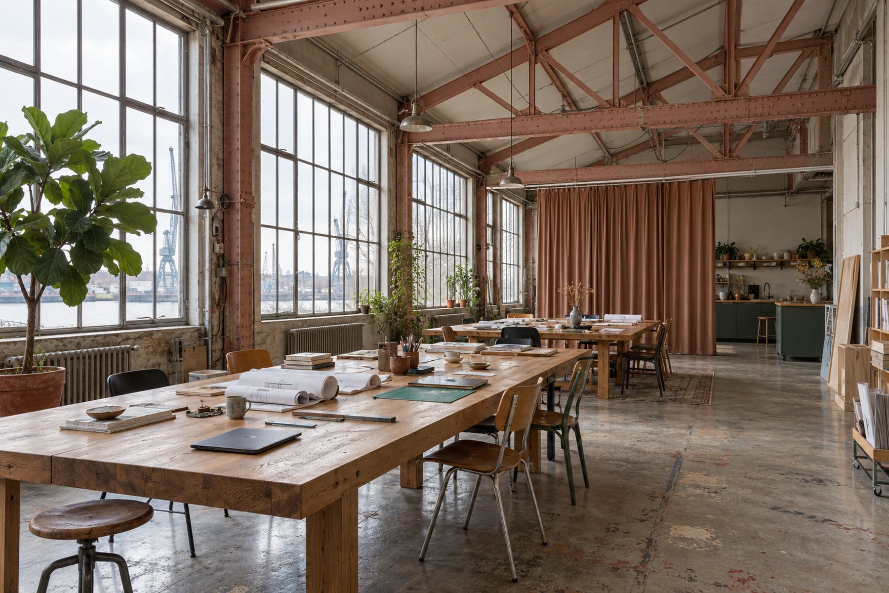 A former shipyard hall with rose-painted steel trusses and tall windows, now a studio with long oak tables.