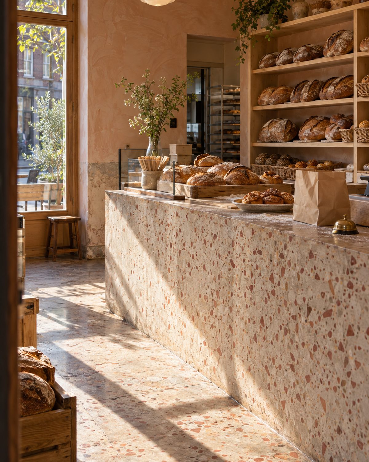 A small bakery with a terrazzo counter flecked with crushed brick, oak shelves of bread and morning sun on the floor.