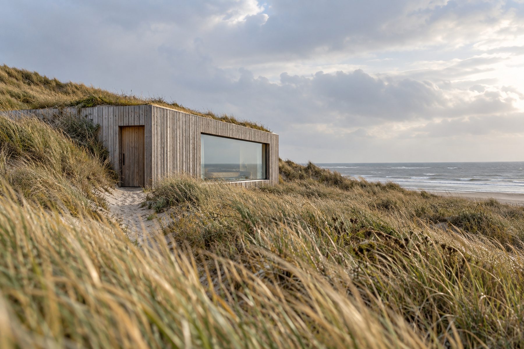 A low larch-clad pavilion half sunk into a grassy dune, one wide window facing the North Sea.
