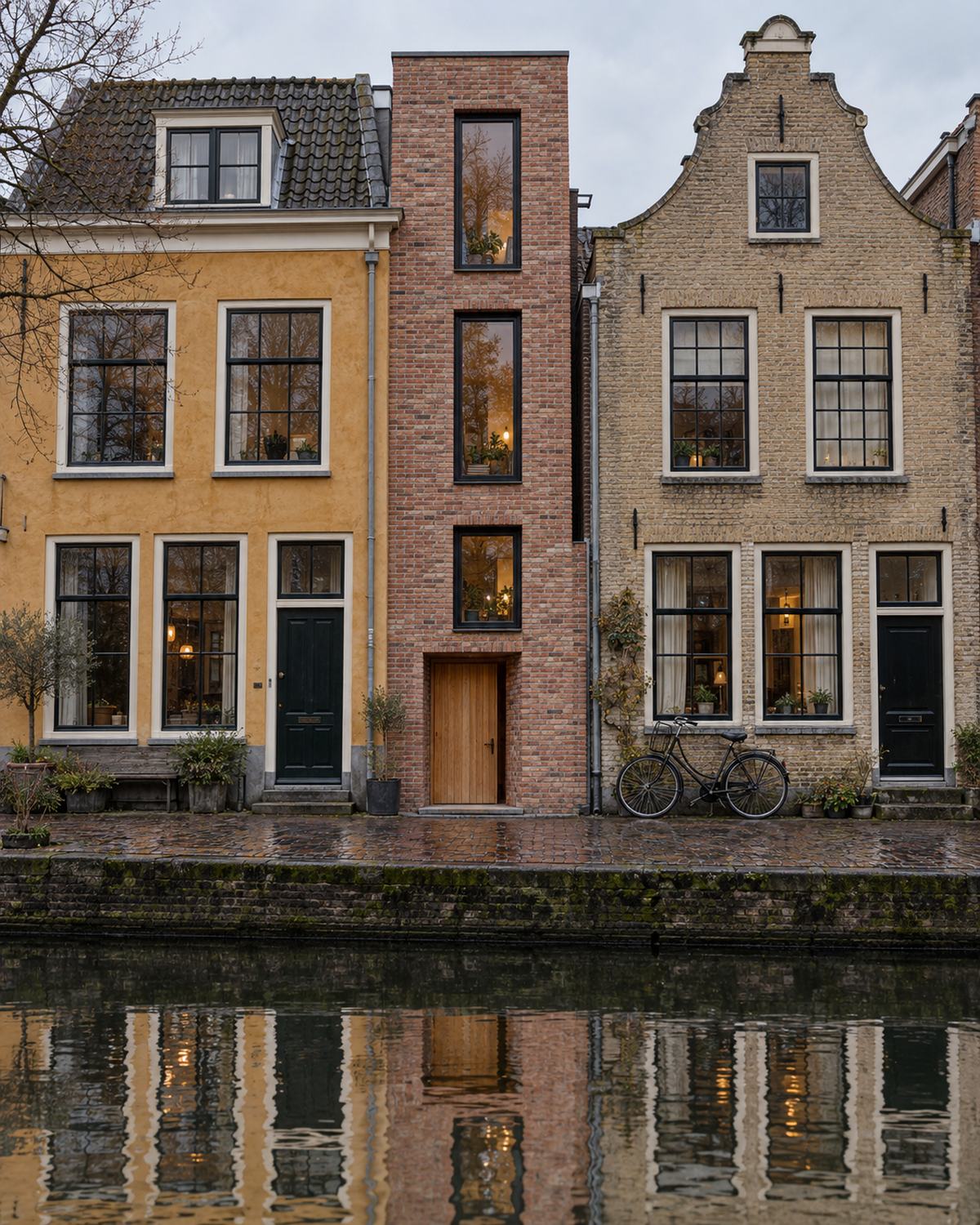 A very narrow new canal house in rose brick with tall black windows, between an ochre and a sand-coloured neighbour, reflected in the canal.