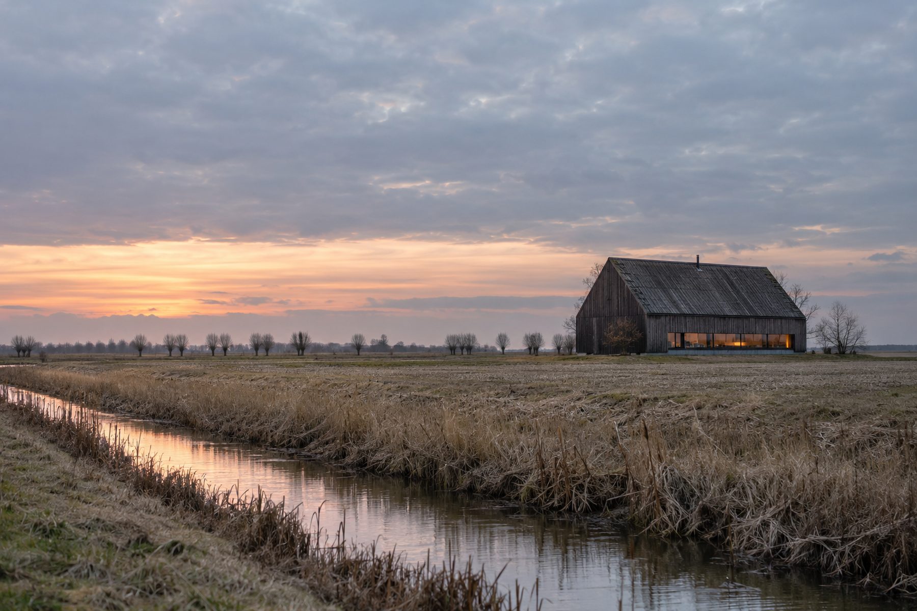 Schuur 19: a converted black timber barn alone in flat polder fields at dusk, a long glazed slot glowing warm.
