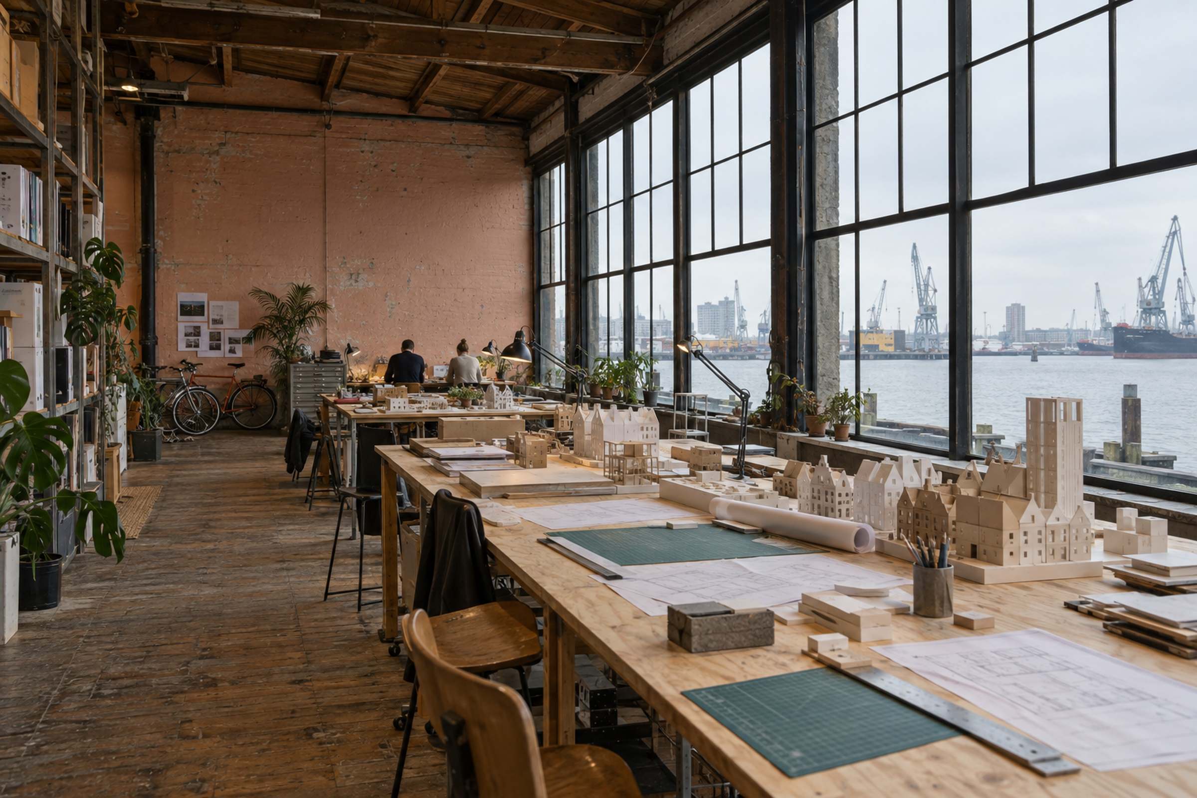 The Halden studio in a former harbour shed: long worktables covered in card models, tall steel windows over the harbour cranes.
